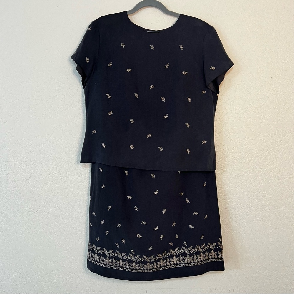 VTG Talbots Blue Floral Silk Linen Blend Lined Skirt‎ Blouse Set Women’s Size 14